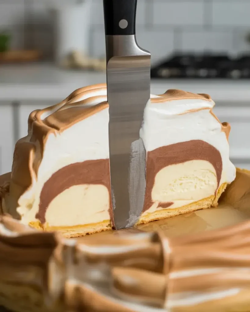Slicing through baked Alaska pie reveals the beautiful frozen ice cream layers inside