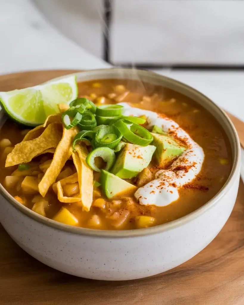 Smoky southwestern chowder garnished with avocado, jalapeño, and tortilla strips