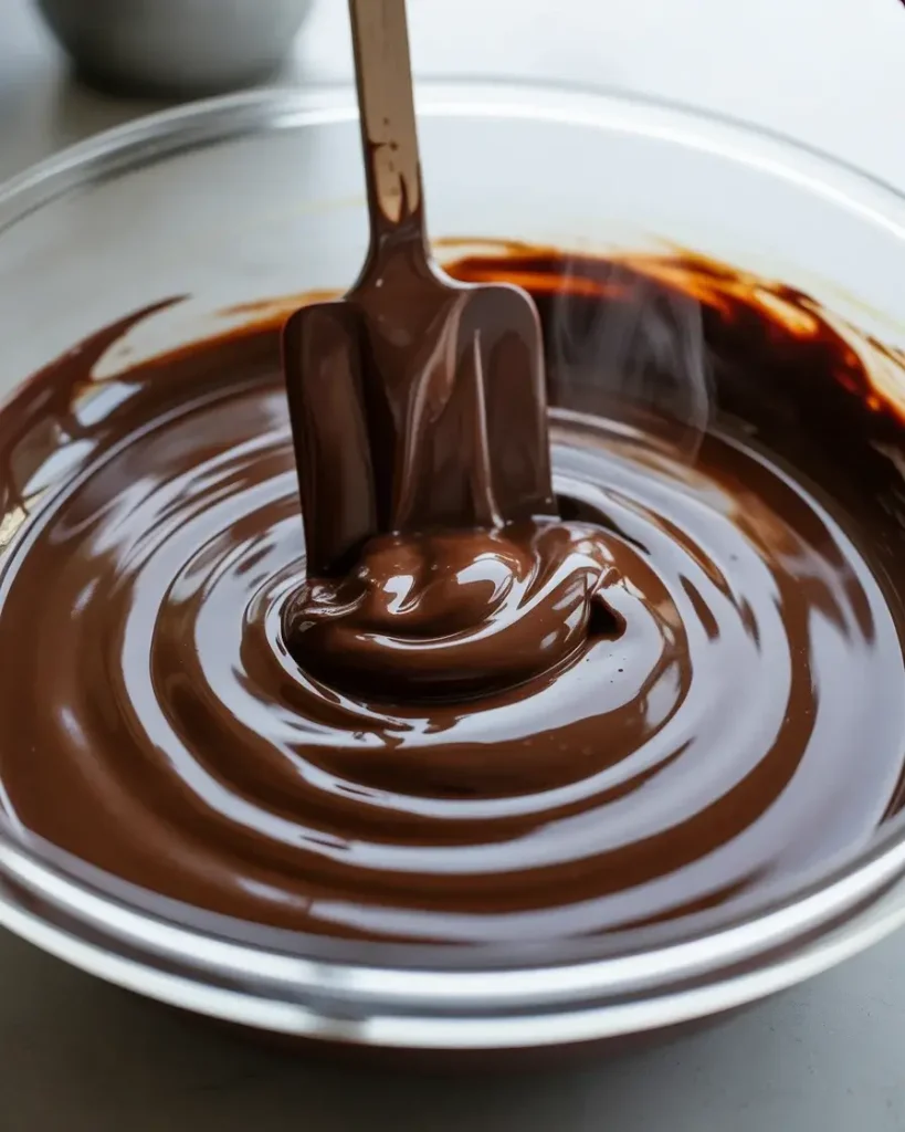 Smooth dark chocolate ganache ready to pour into baked tartlet shells