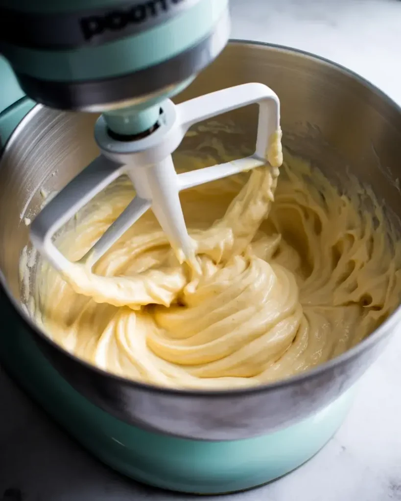 Smooth, lump-free vanilla cheesecake batter ready to pour over the cooled crust