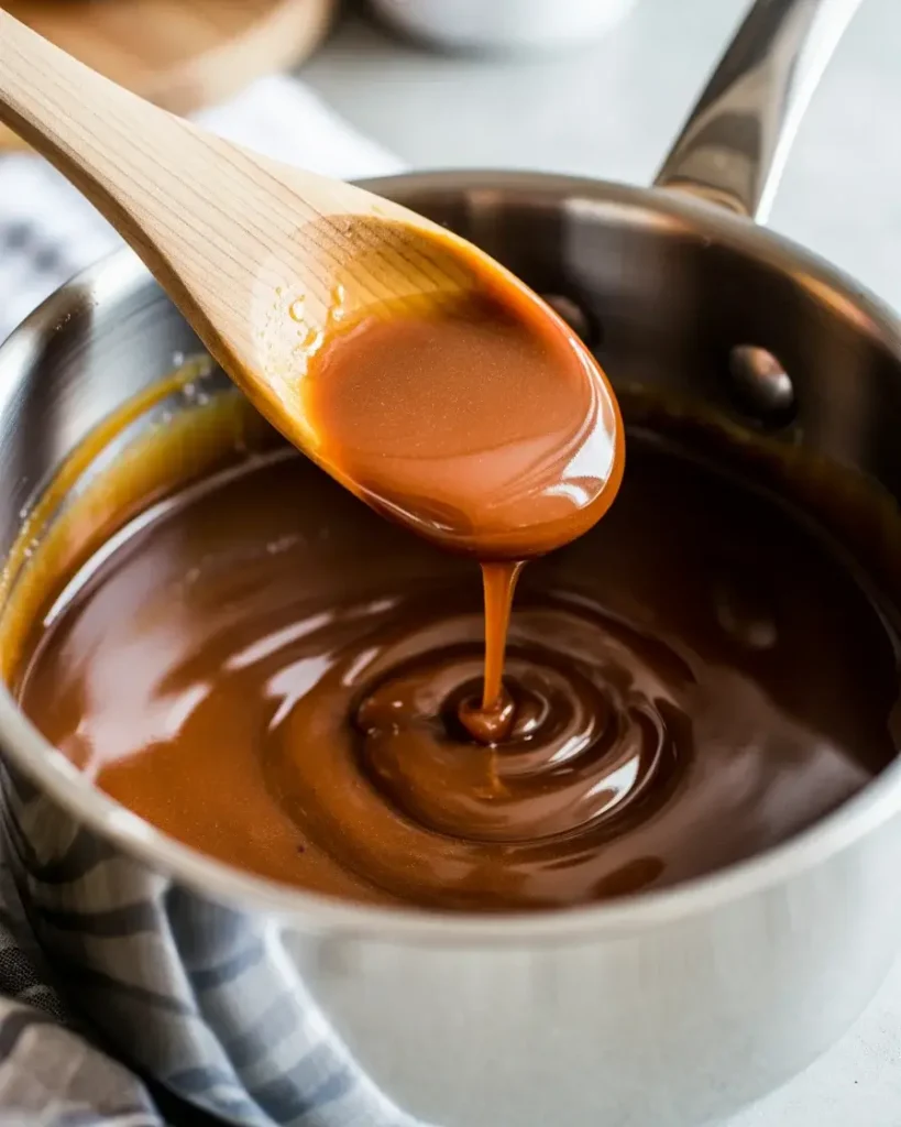 Smooth melted caramel with heavy cream, ready to pour