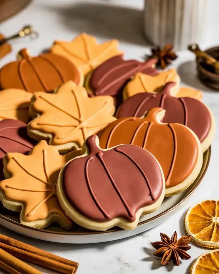 Soft autumn spice sugar cookies decorated in warm fall colors - perfect for holiday baking.