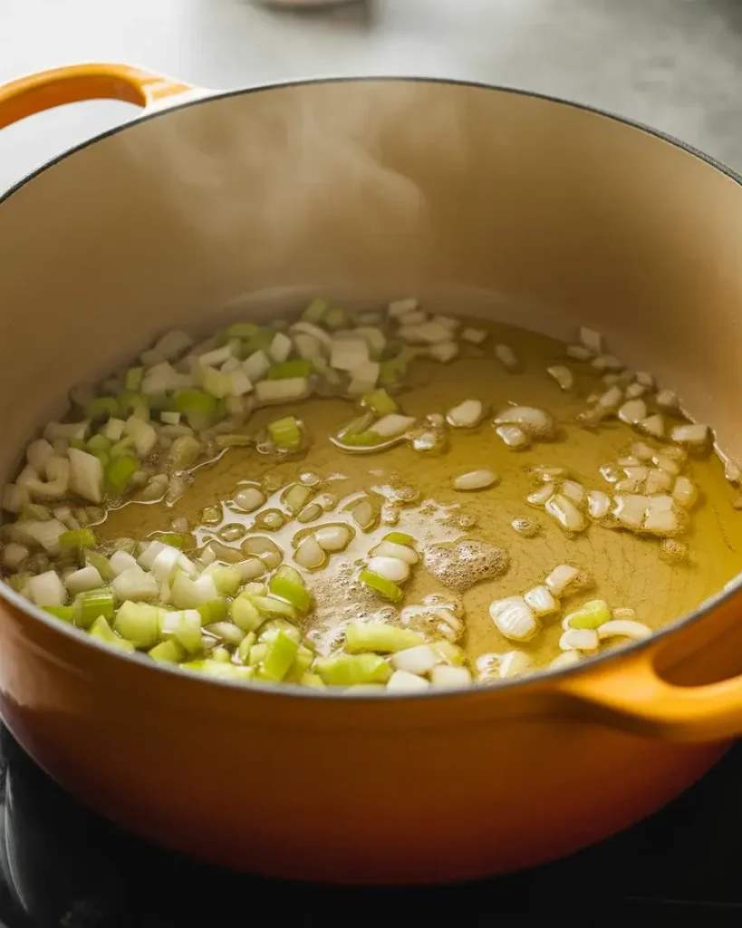 Softening onions, garlic, and celery in olive oil to build the Italian flavor base