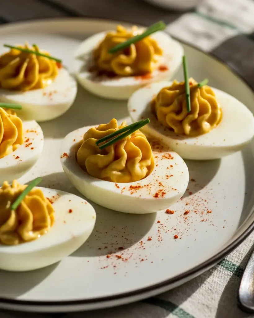 Spicy chili garlic deviled eggs arranged on a plate with a vibrant red topping