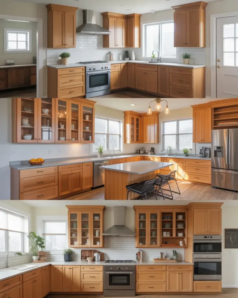 Split screen showing clear alder cabinets styled in three different kitchen designs rustic, transitional, and modern