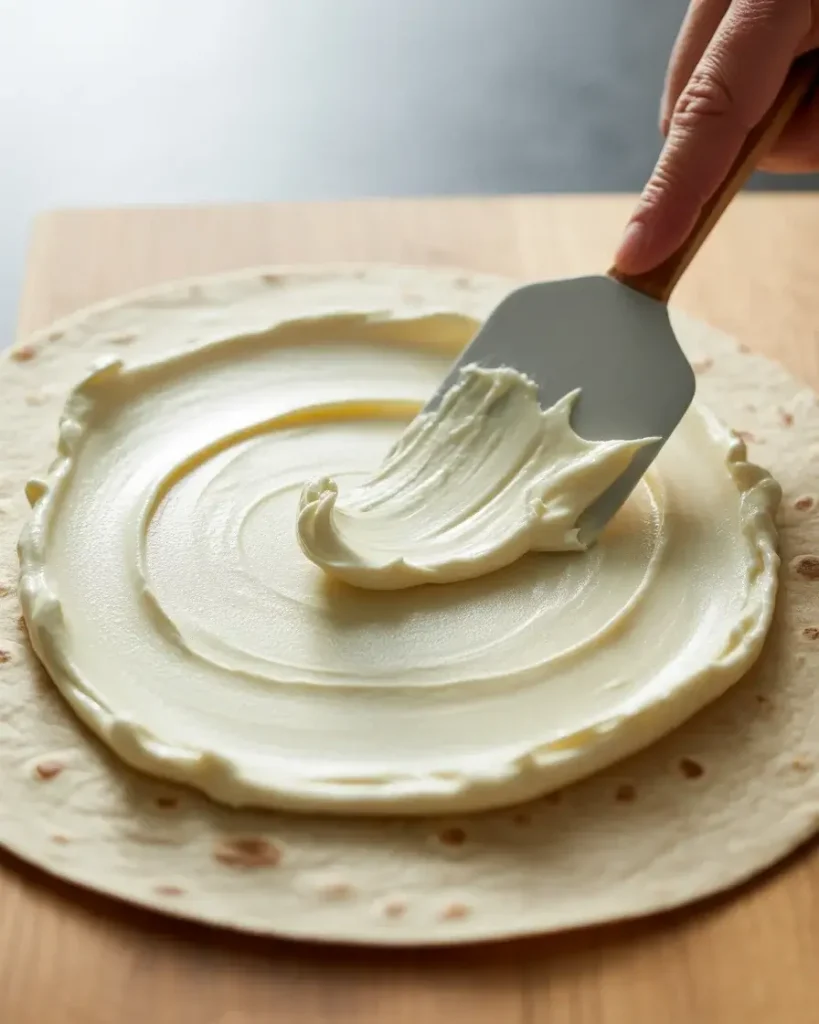 Spreading a thin even layer of cream cheese across the tortilla surface
