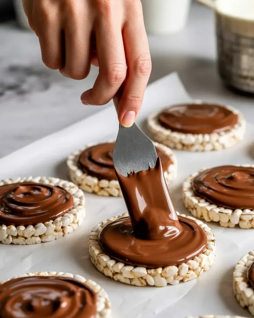 Spreading an even chocolate layer over each rice cake before decorating