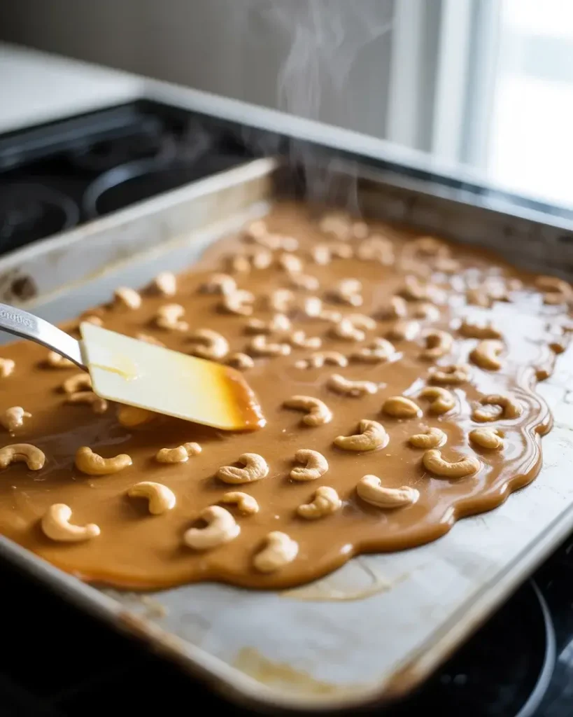 Spreading cashew brittle thin for a crisp, even snap