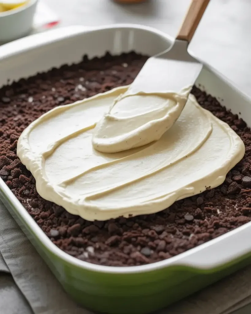 Spreading creamy white filling over crushed Oreo base in a 9x13 casserole dish