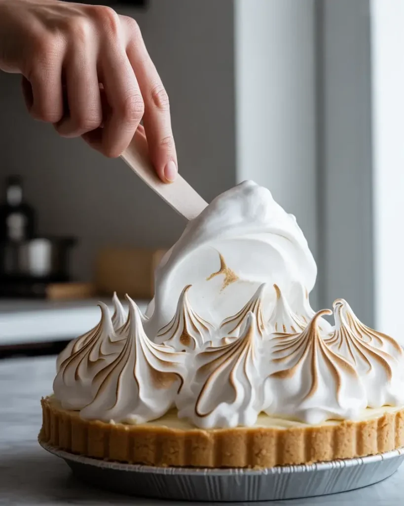 Spreading meringue completely to the crust edges with no gaps to protect the ice cream