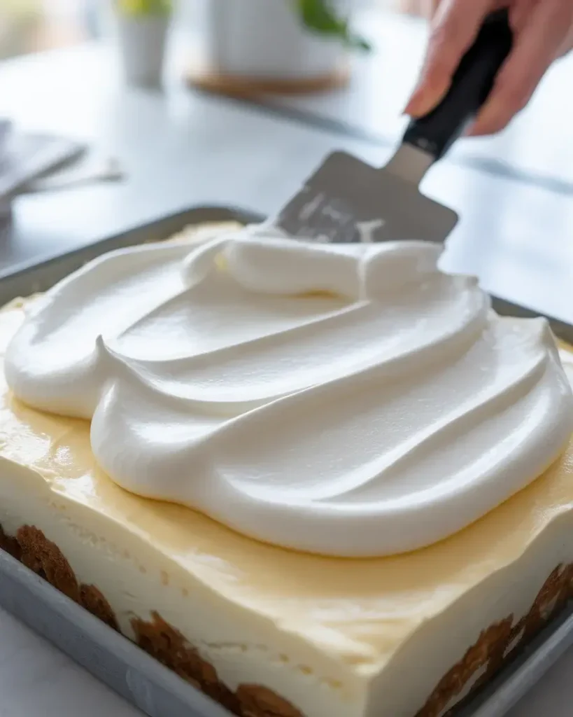 Spreading whipped topping into a smooth, even layer over the chocolate fudge ribbons