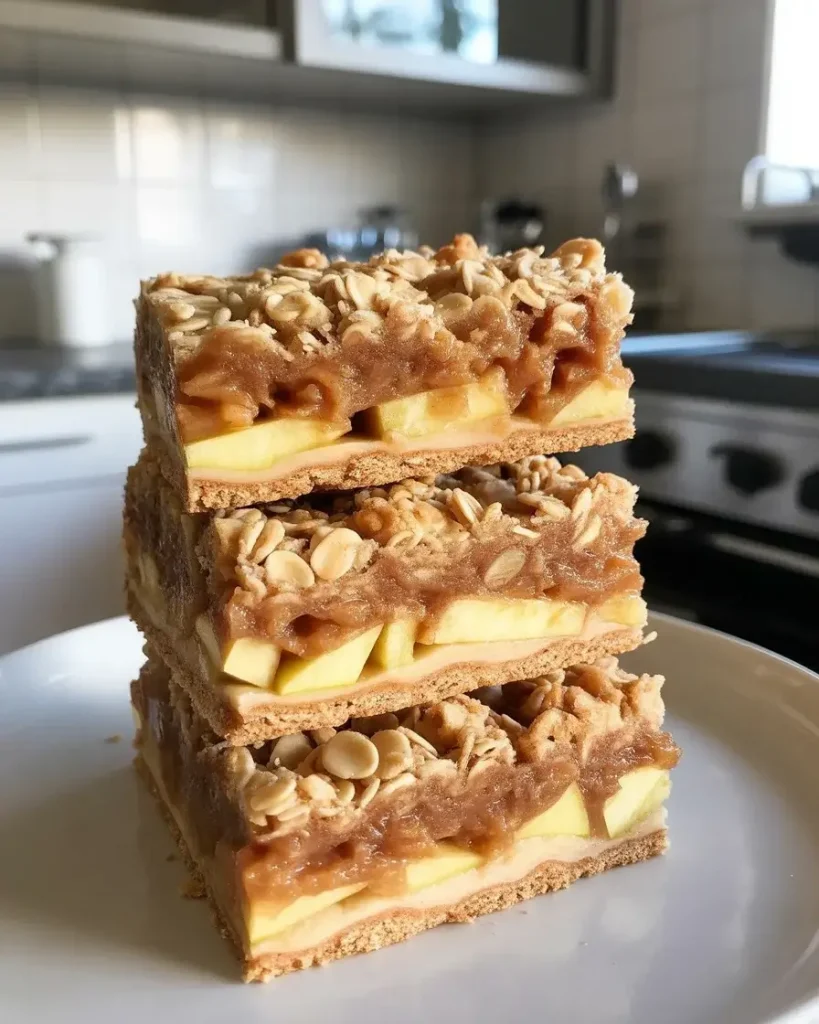 Stacked apple crisp bars showing distinct crust, filling, and topping layers