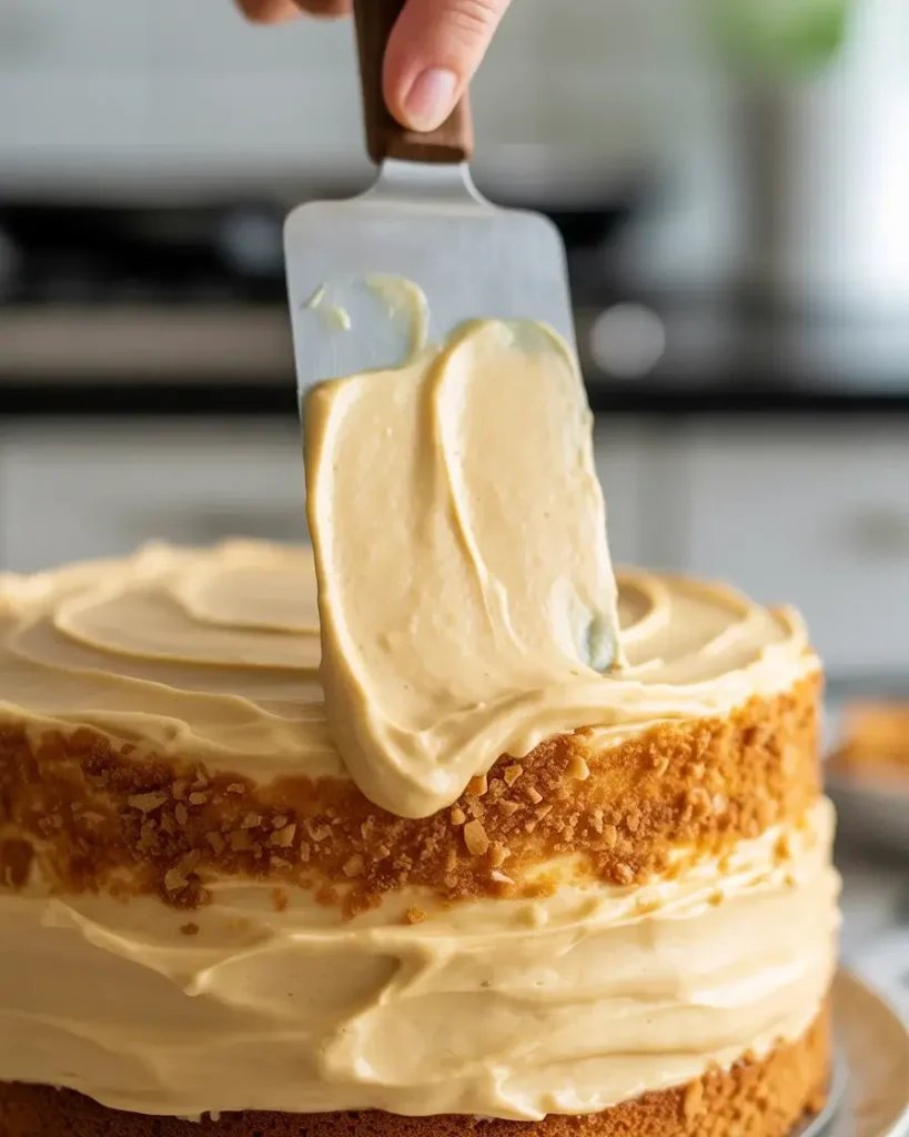 Stacking butterscotch cake layers with creamy butterscotch buttercream filling