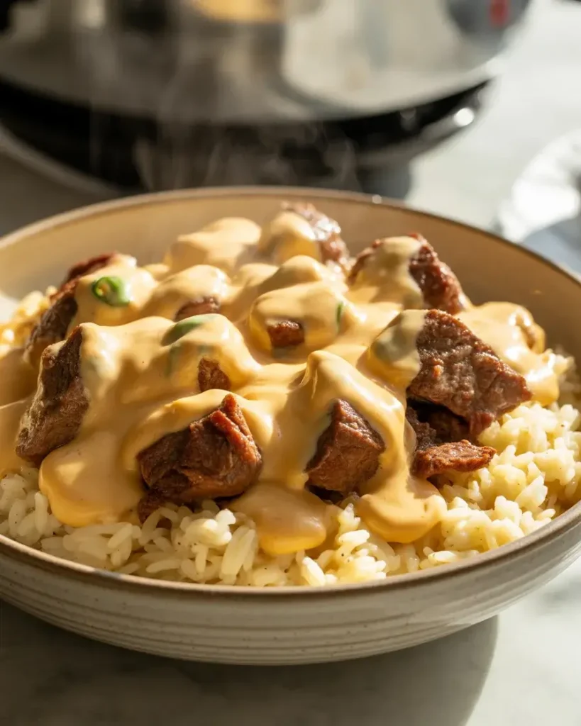 Steak and queso layered over fluffy seasoned rice for the perfect hearty bowl