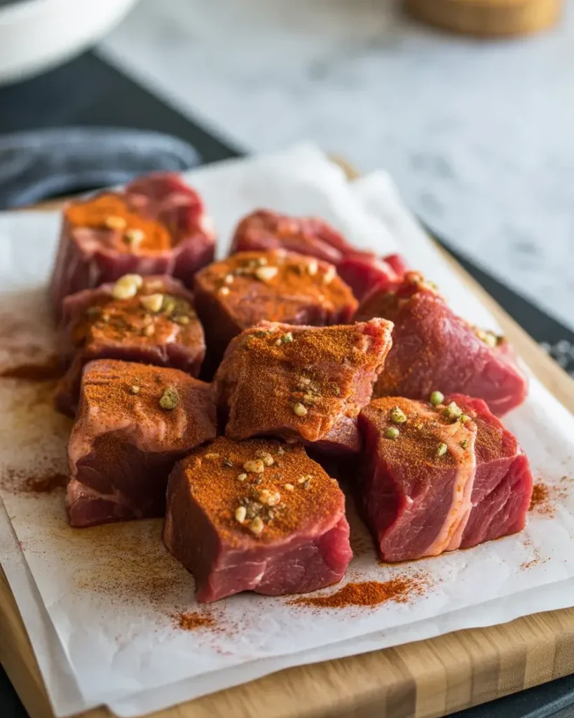 Steak cubes generously seasoned with smoked paprika, cumin, and garlic powder