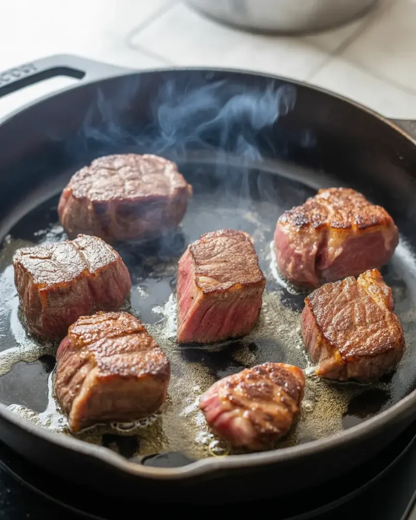 Steak cubes searing in a cast iron skillet until a deep mahogany crust forms