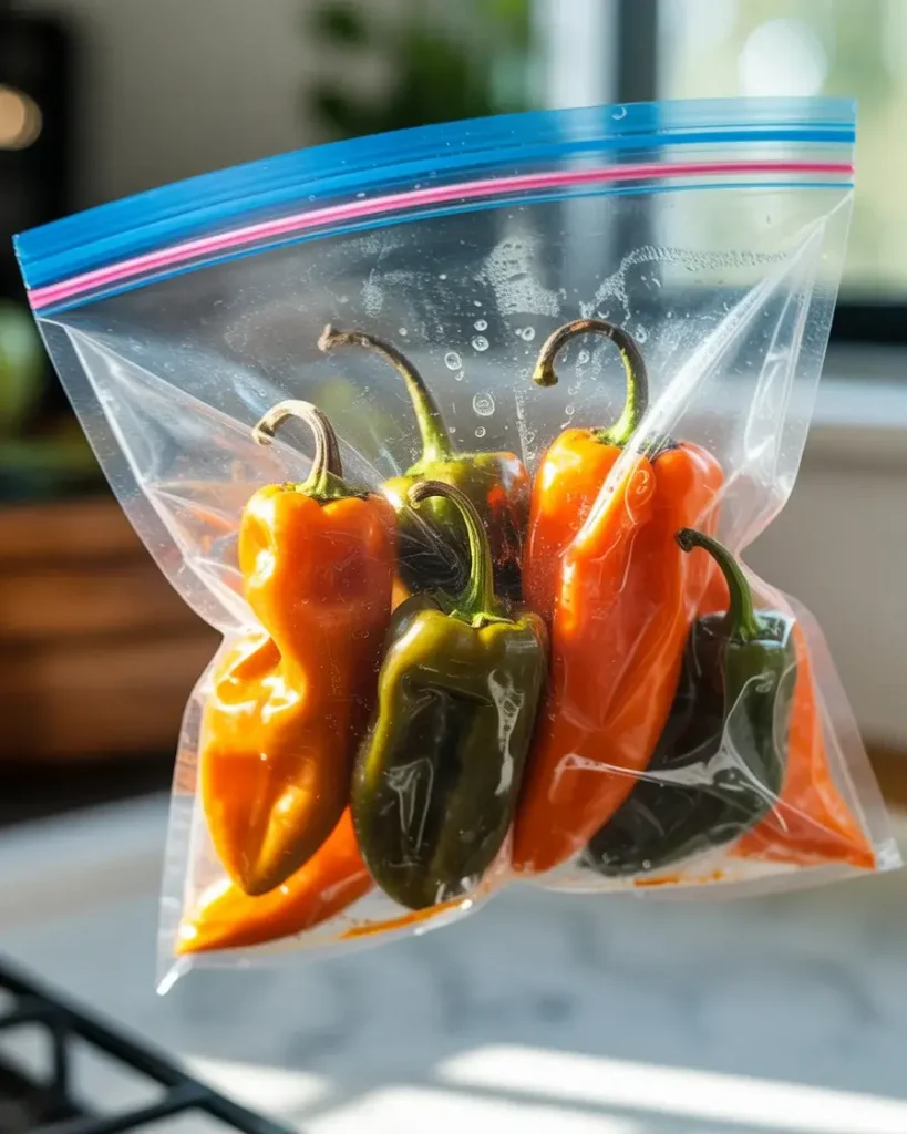 Steaming roasted habaneros in a sealed bag loosens the skins for easy peeling