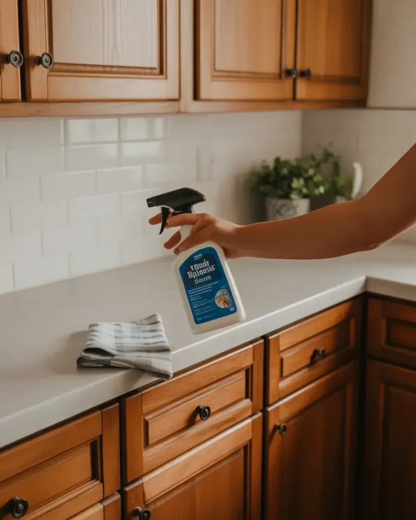 Step by step visual guide showing proper cleaning techniques for wood cabinets with recommended products