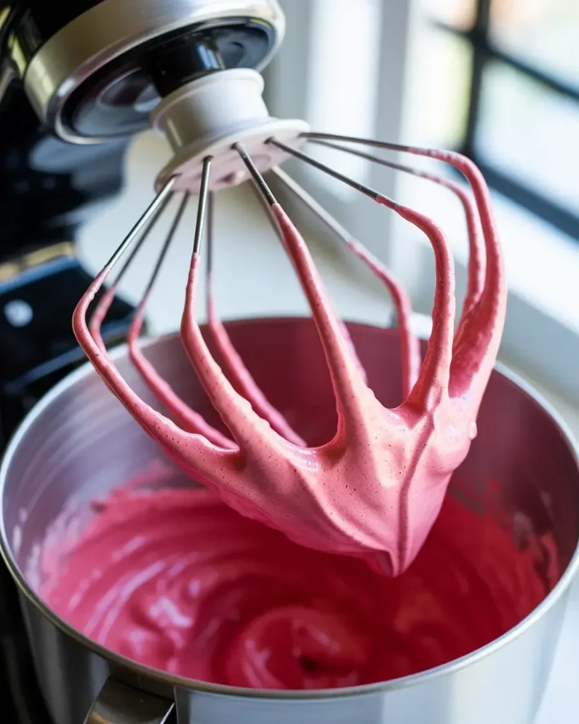 Stiff glossy peaks signal the meringue is ready to pipe into cookies