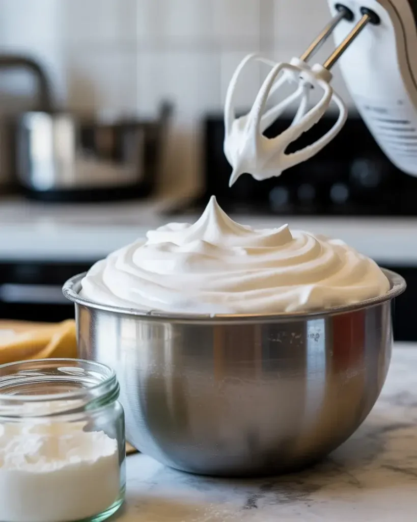 Stiff whipped cream peaks ready to layer into the raspberry cream cake