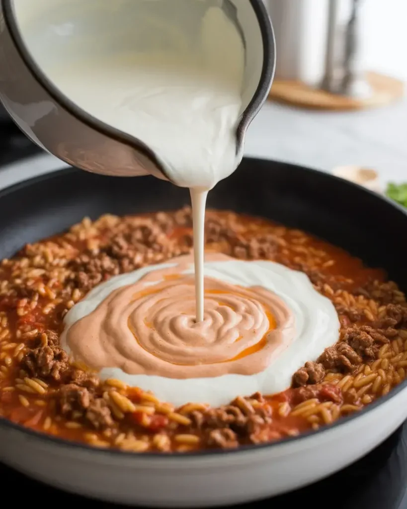 Stir in heavy cream off heat for a silky rosy-orange finish