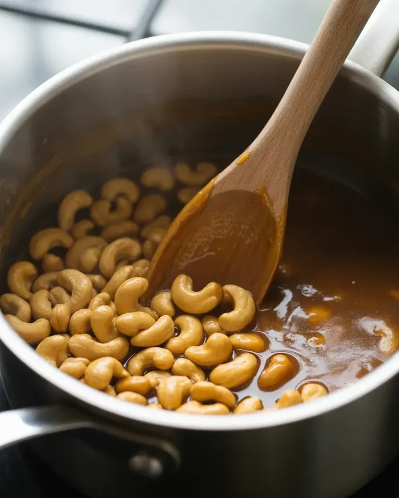 Stirring cashews into hot amber caramel at the hard crack stage
