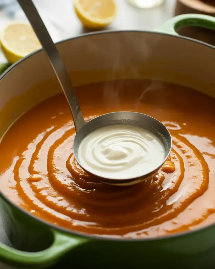 Stirring cream and lemon juice into smooth soup for a silky, bright finish