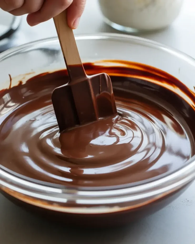 Stirring dark chocolate ganache until glossy and smooth for the final cheesecake layer