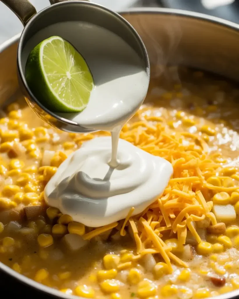 Stirring in sour cream and lime juice to finish the chowder