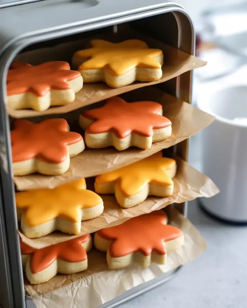  Store decorated cookies in an airtight container with parchment between layers.