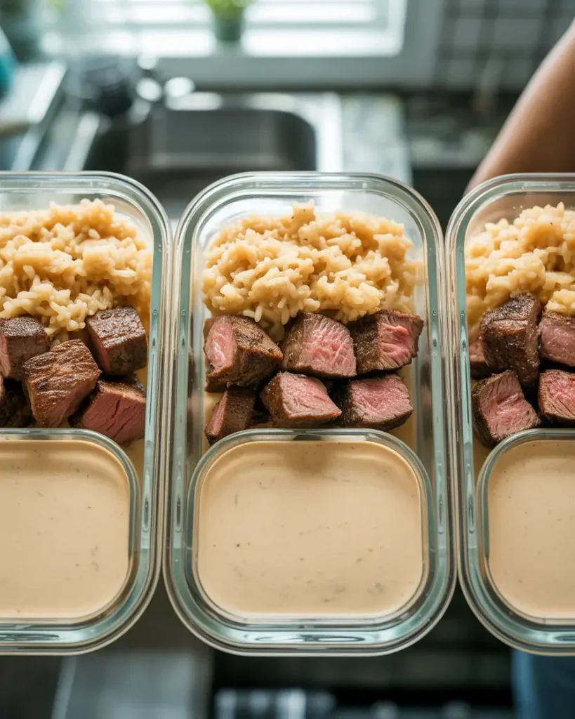  Store steak, rice, and queso separately in airtight containers for easy meal prep
