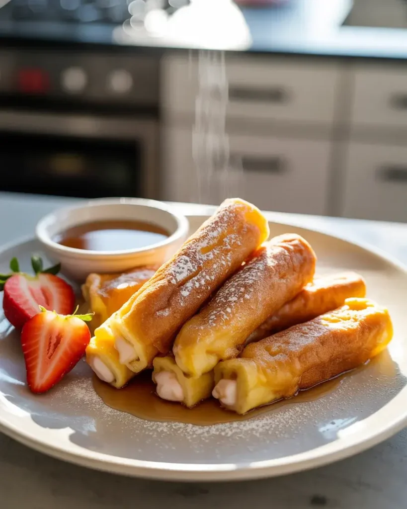 Stuffed French toast sticks stored between parchment layers for make-ahead prep