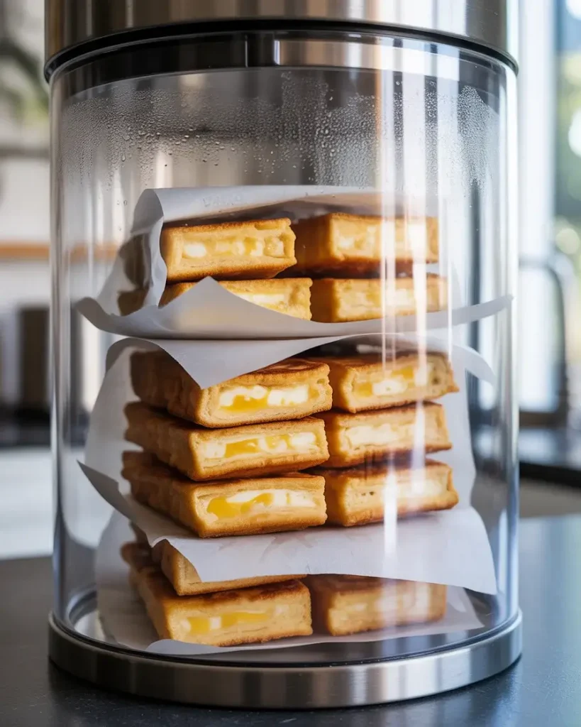 Stuffed French toast sticks dusted with powdered sugar and served with maple syrup