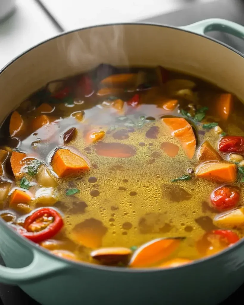Sweet potatoes and broth simmering together to develop full Italian flavor