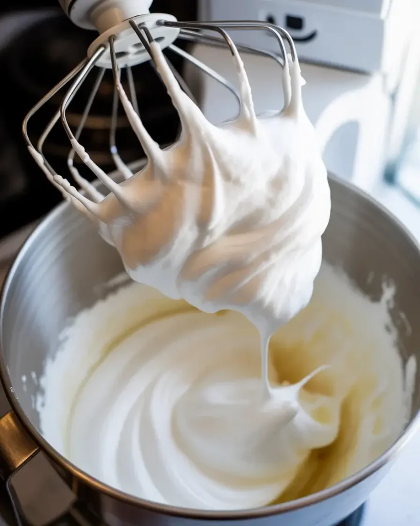 Swiss meringue beaten to stiff, glossy peaks - the key to a stable baked Alaska pie