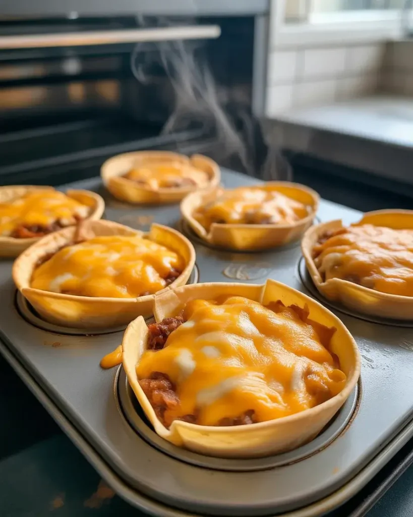 Taco cups fresh from the oven with bubbly melted cheese