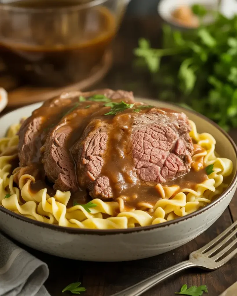 Tender crockpot chuck roast served over buttery egg noodles with rich, savory gravy