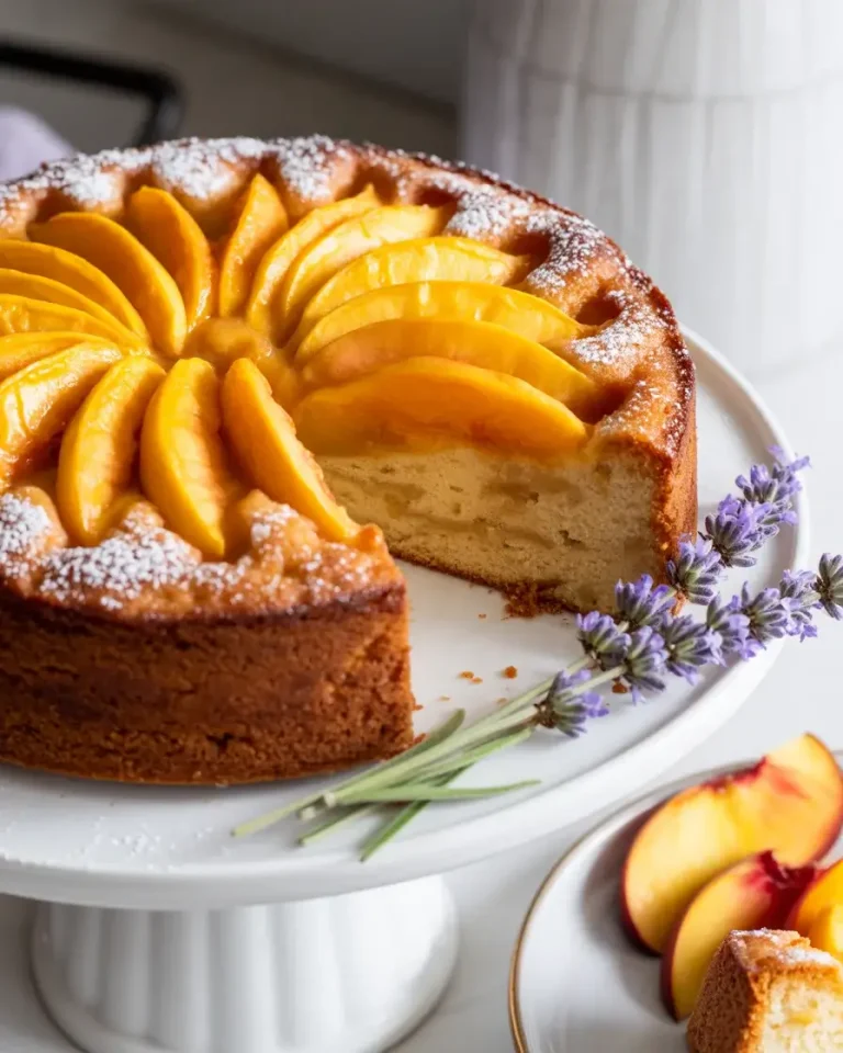 Tender lavender peach cake with caramelized peach top and a light powdered sugar finish