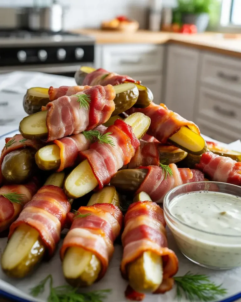 The ultimate air fryer bacon wrapped pickles served hot with a creamy herb dipping sauce.