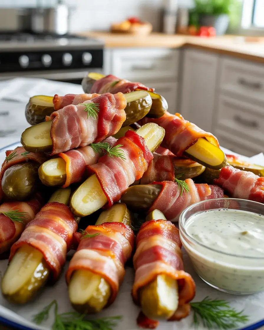 The ultimate air fryer bacon wrapped pickles served hot with a creamy herb dipping sauce.