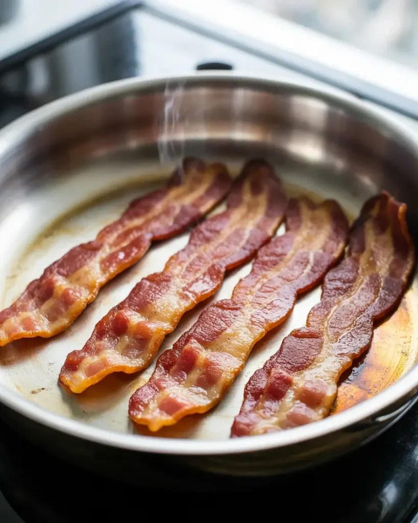 Thick-cut bacon crisping in a cold-start skillet for maximum crunch