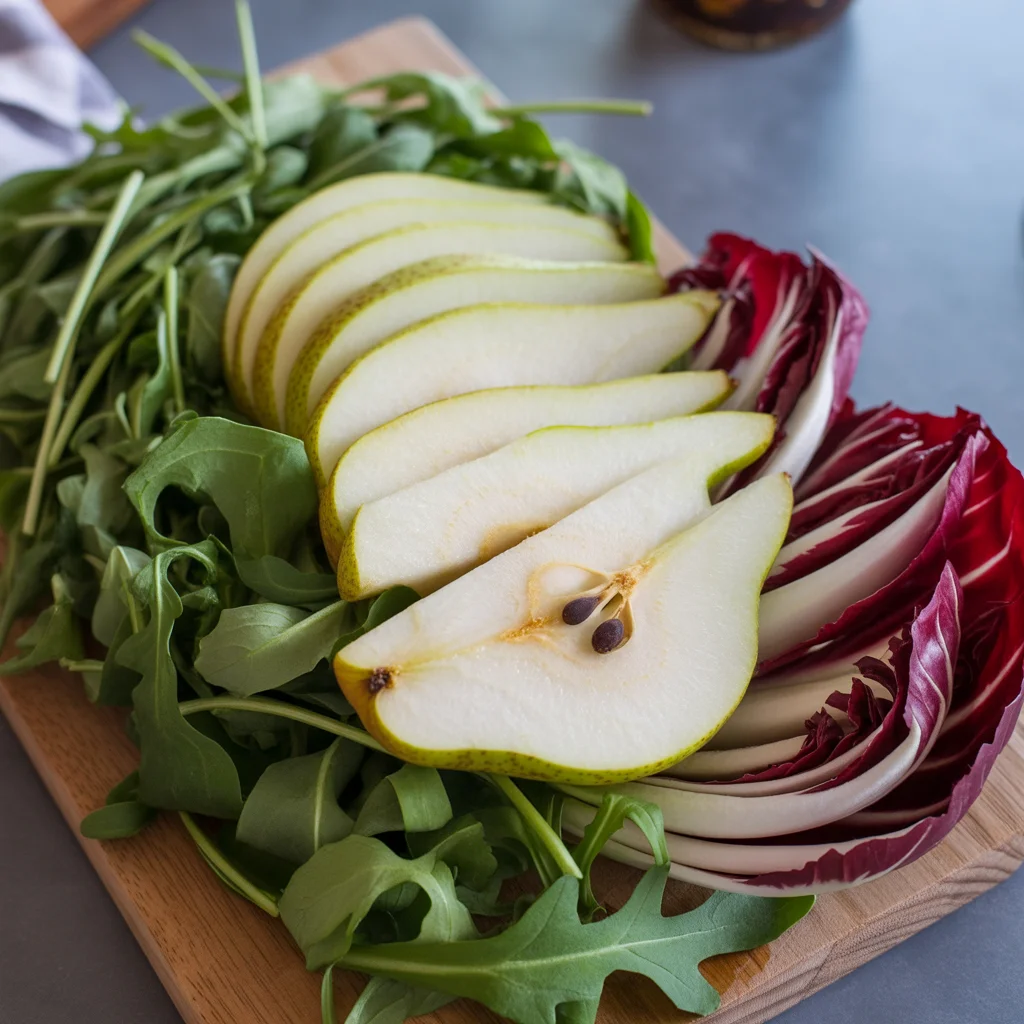 Thinly sliced Bosc pear and fresh greens prepped for layering