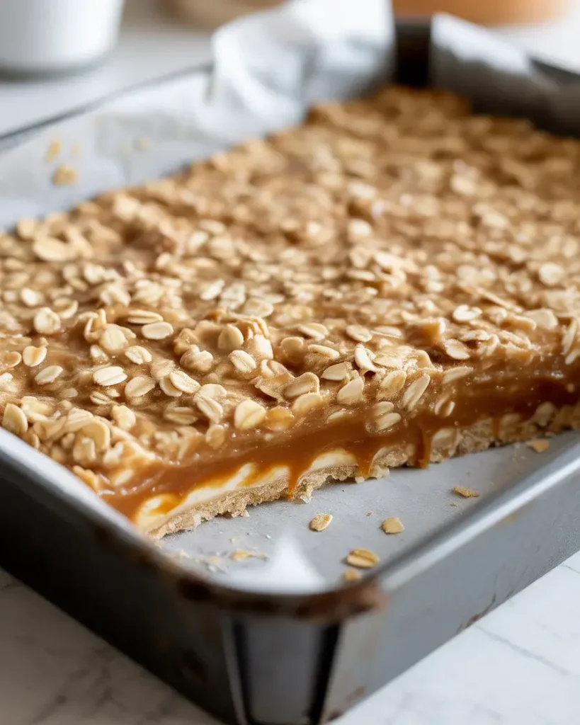 Three layers assembled with caramel sandwiched between oat base and topping