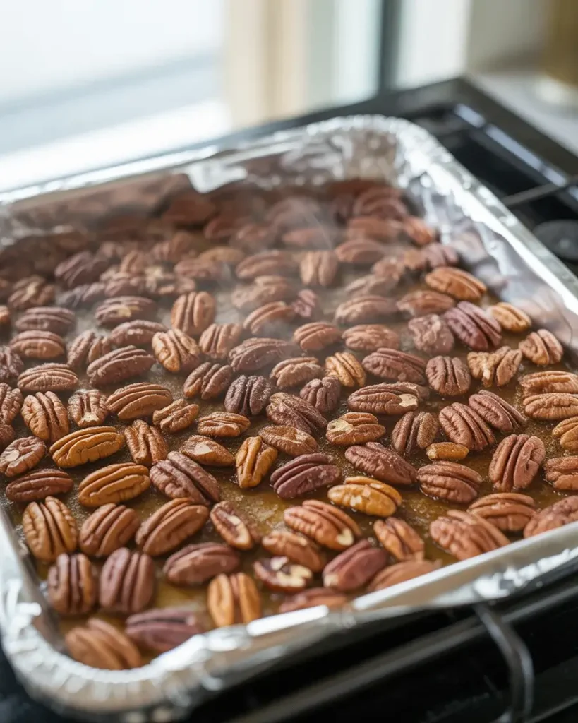 Toasting pecan halves until golden and fragrant before layering