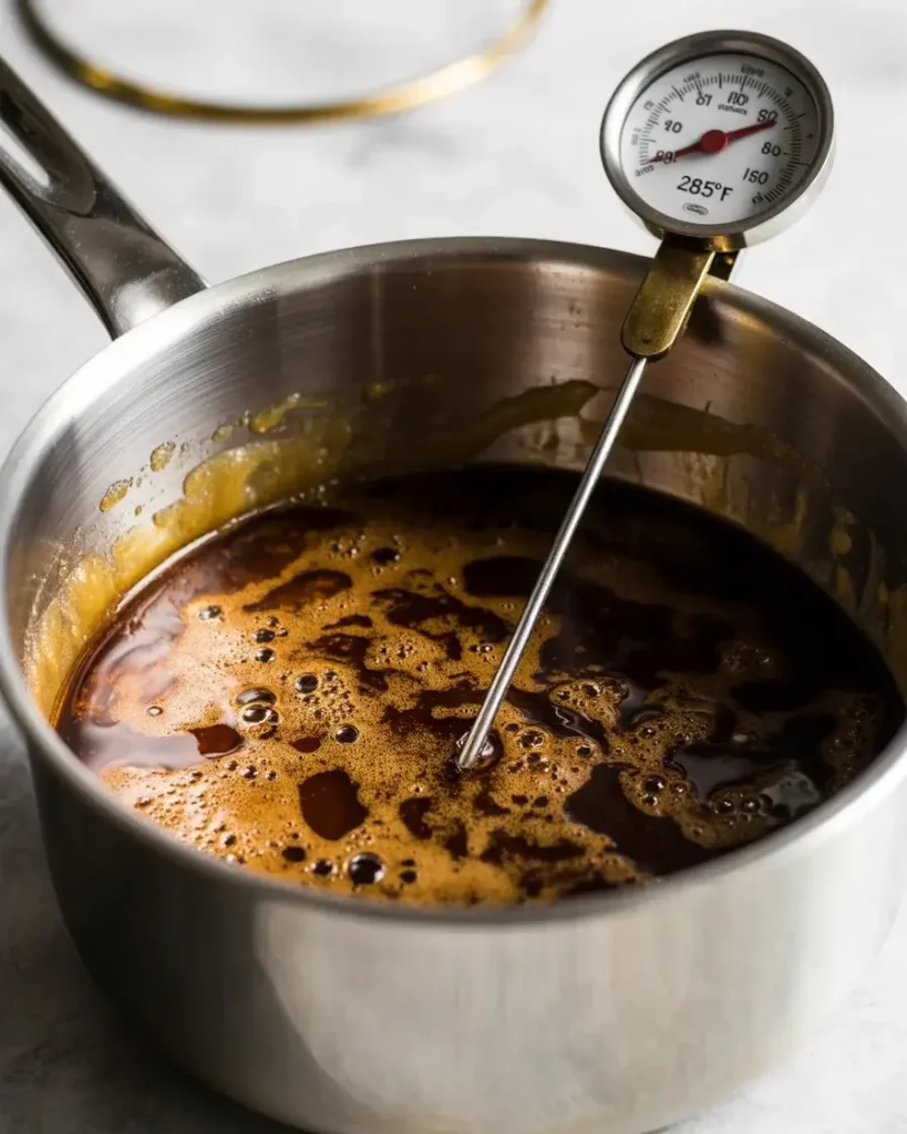 Toffee base boiling to 285°F - deep amber color means it's ready to pour