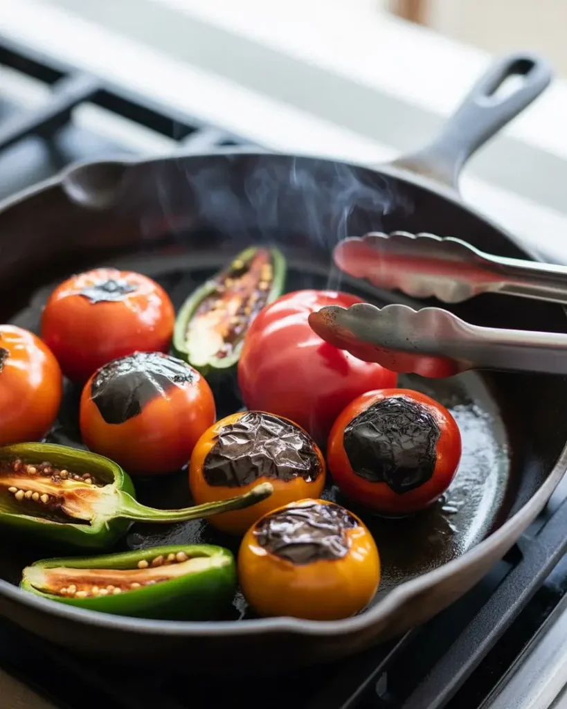 Tomatoes and jalapeños charred 40-50% black for maximum smoky depth