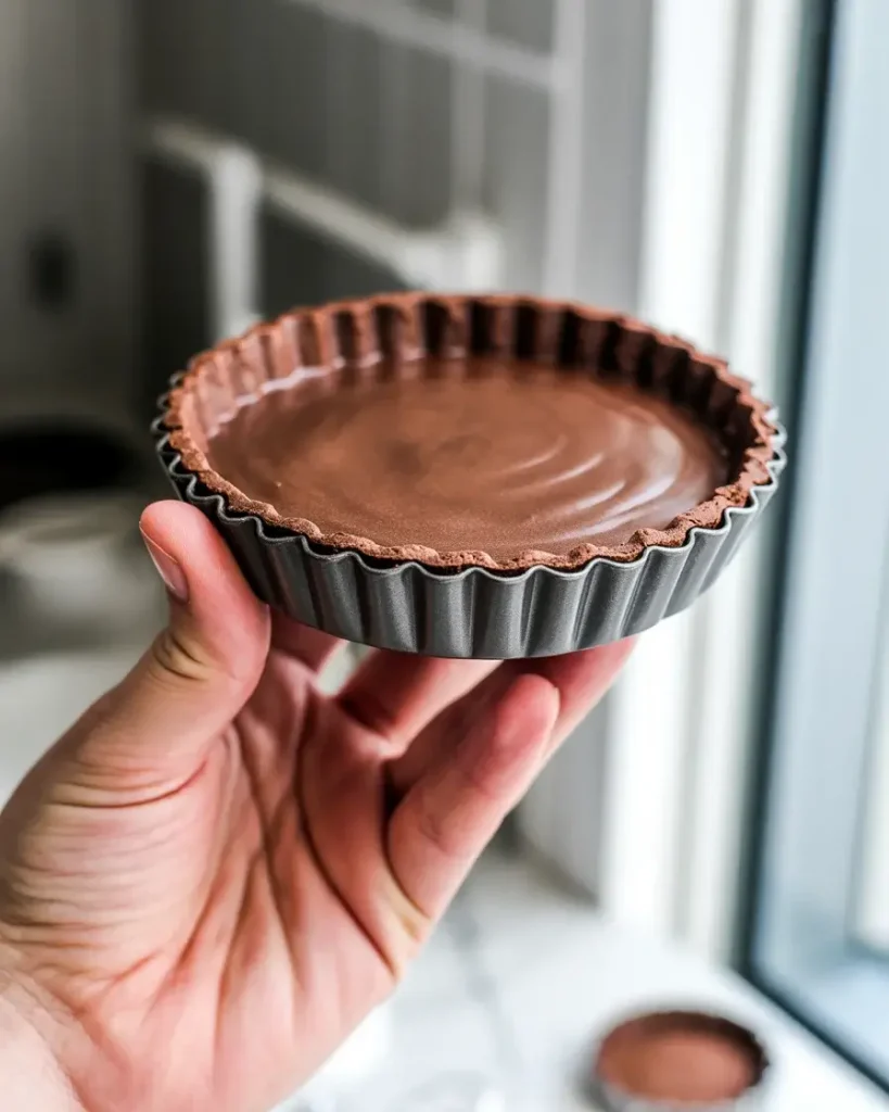 Unmolding a baked chocolate tartlet shell by pressing up from the removable base