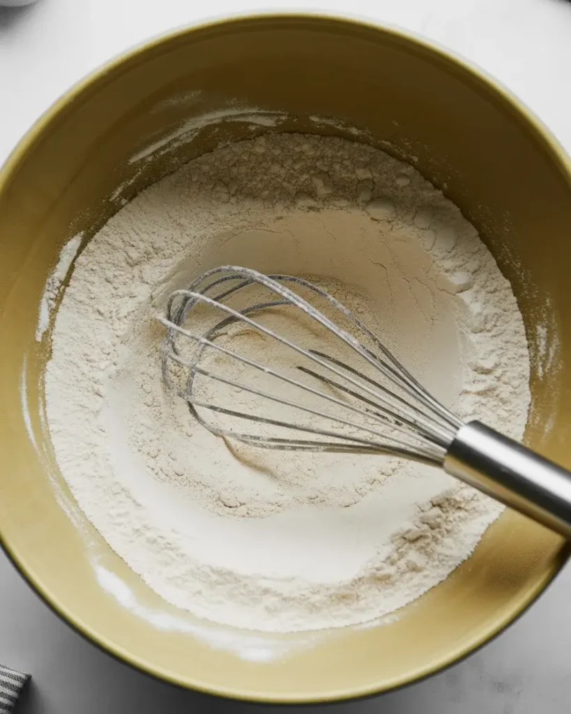 Whisking dry ingredients evenly before adding wet components for fluffy pancake poppers