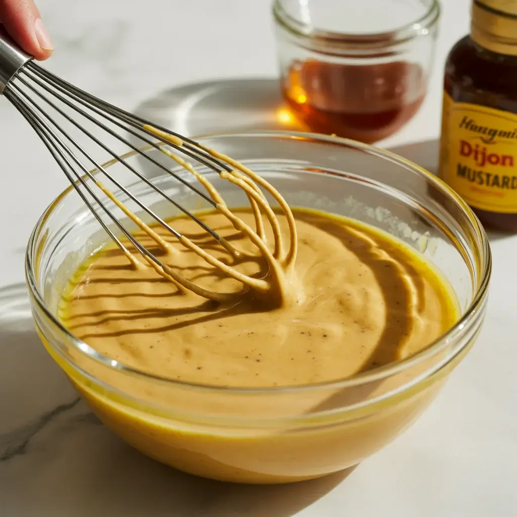 Whisking honey, dijon, mayo, and apple cider vinegar into a smooth, glossy dressing