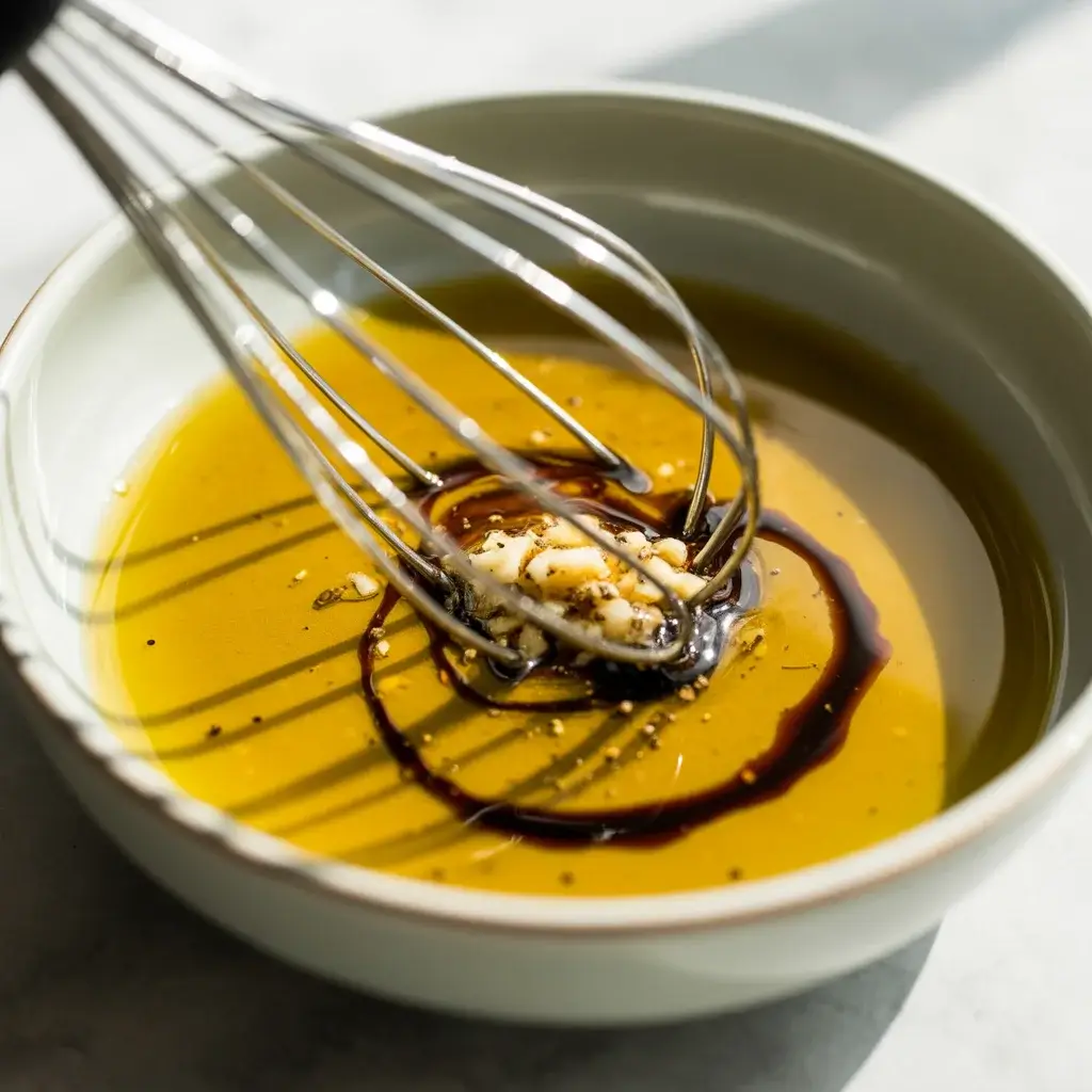 Whisking olive oil and balsamic glaze into a glossy, coating dressing